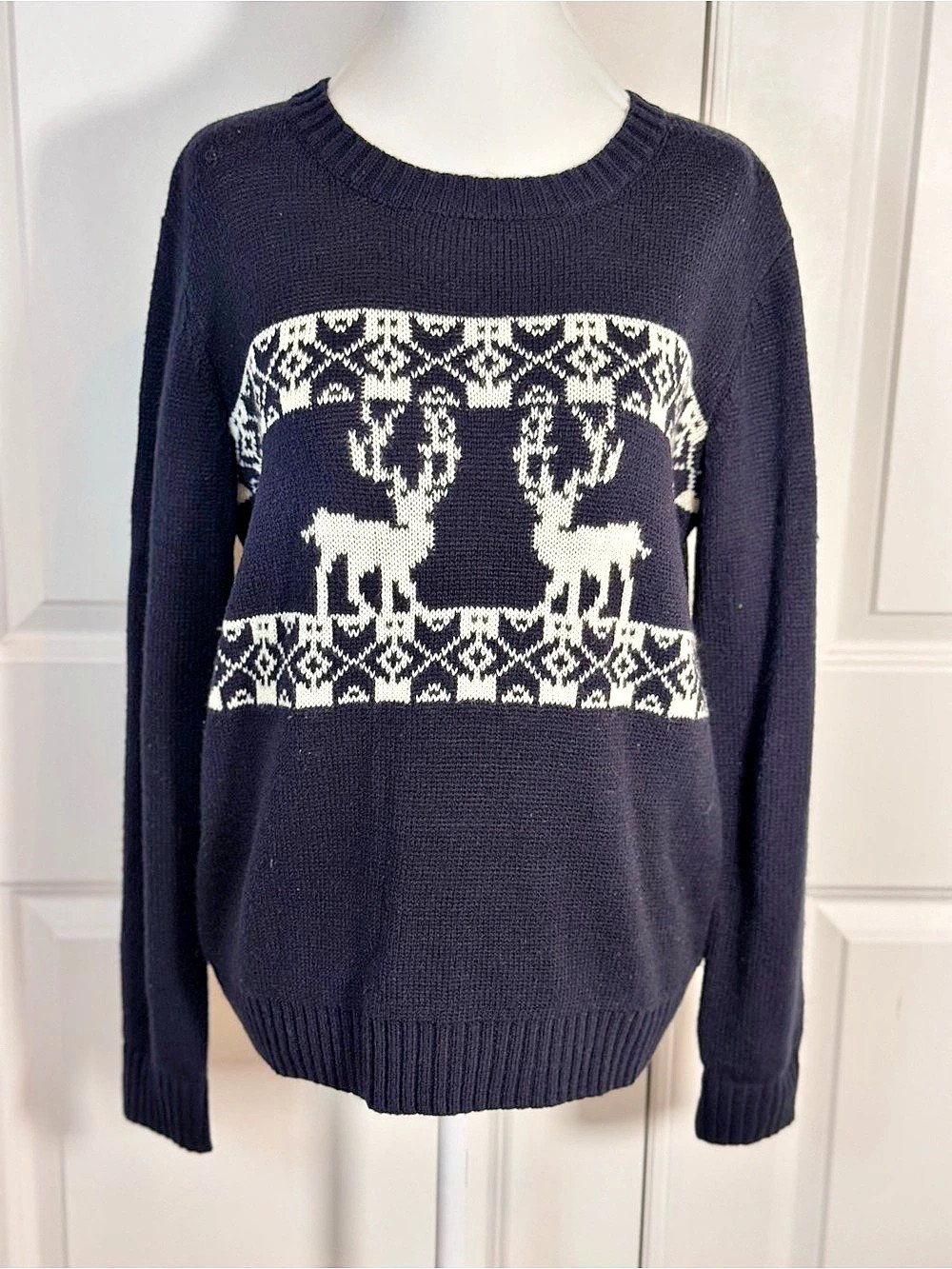 POL Sweater Womens M Navy Reindeer Fair Isle Nordic Christmas Cotton Blend Ski
